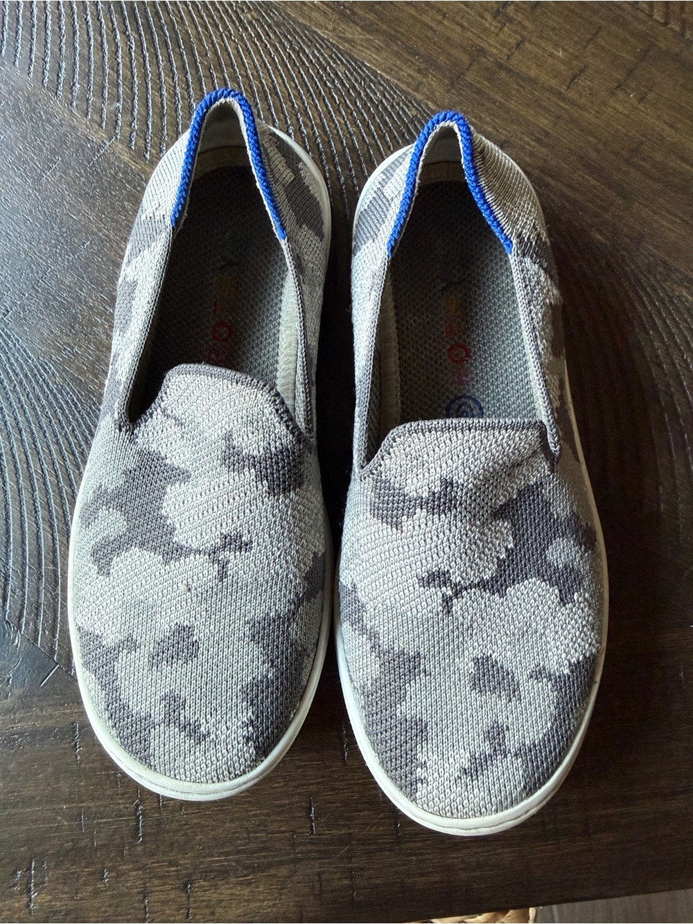Rothy's Kids Slip-On Camo Knit Sneakers in Gray and Blue Trim